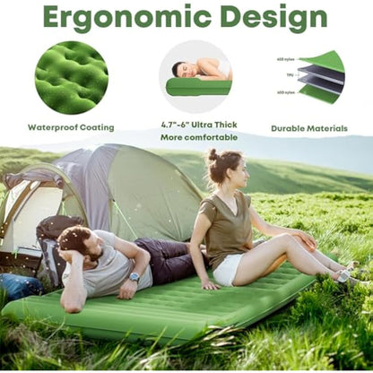 MAMBAKOTR Camping Air Bed 12-15CM Extra Thick, Reinforced Support Structure with Built-in Foot Pump and Pillow Portable Camping Sleeping Mat Air Mattress for Tent Backpacking Hiking Travel