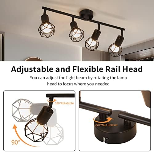 Spotlight Fitting, Retro Rotatable Ceiling Spotlight, Black Metal Iron Lampshade Ceiling Light, Adjustable Lamp for 4 E14 Bulb, Suitable for Living Room Bedroom Kitchen Loft Hallway