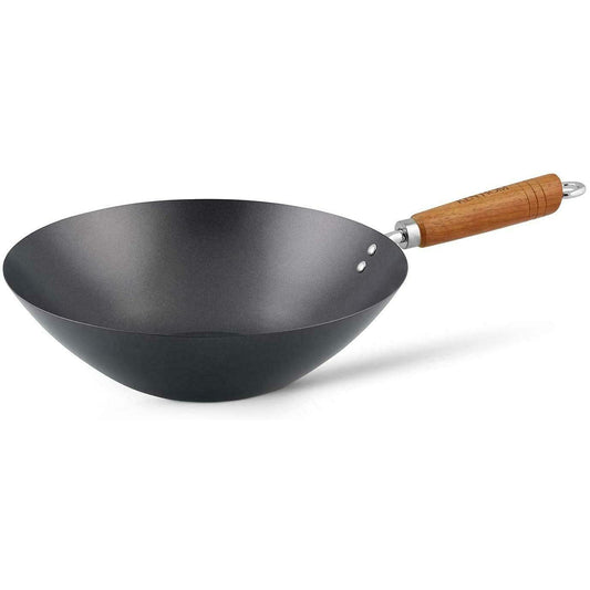 Ken Hom Carbon Steel Wok Set, 31cm, Classic, Non-Induction/Wooden Handle/Flat Base Pan, Includes Wok Pan with Lid, Wooden Wok Utensils & Recipe Book,