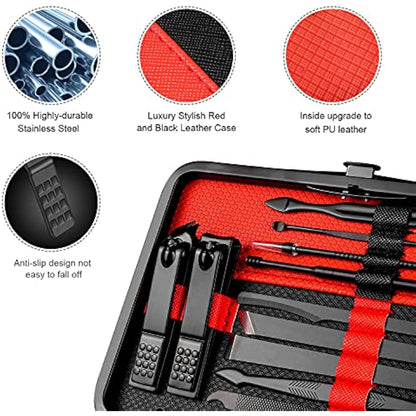Keiby Citom Manicure Set 18pcs Professional Nail Clippers Kit Pedicure Care Tools-Stainless Steel Grooming Tools With Rose Gold PU Leather Case for Travel & Home (Black/Red)