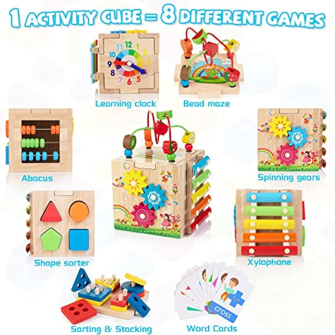 Wooden Activity Cube | 8-in-1 Montessori Toys for 18M+ Toddlers, One Year Old First Birthday Toy, Baby Toy Set with Bonus Sorting & Stacking Board
