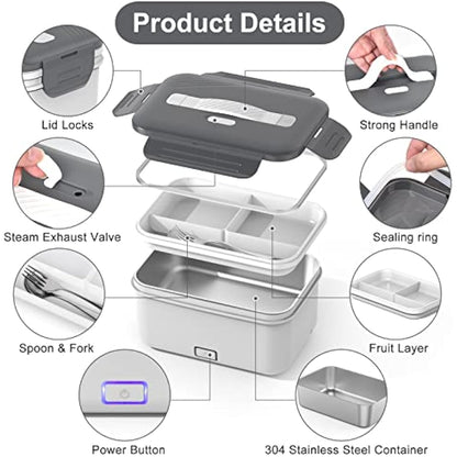 Herrfilk 100W Electric Lunch Box Adults, 1.8L Thermal Lunch Box with Compartments for Fruits, Heated Lunchbox with 230V Home/Office & 12V 24V Car/Truck Cables, Insulated Lunch Bag, Spoon and Fork