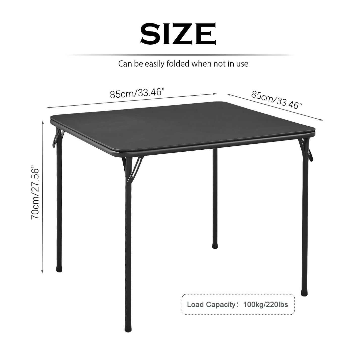 KAIHAOWIN Square Folding Table, Card Table for 4 People Dining Table Foldable Card Game Table Portable for Indoor Outdoor 33"x33"(85x85cm)-Black