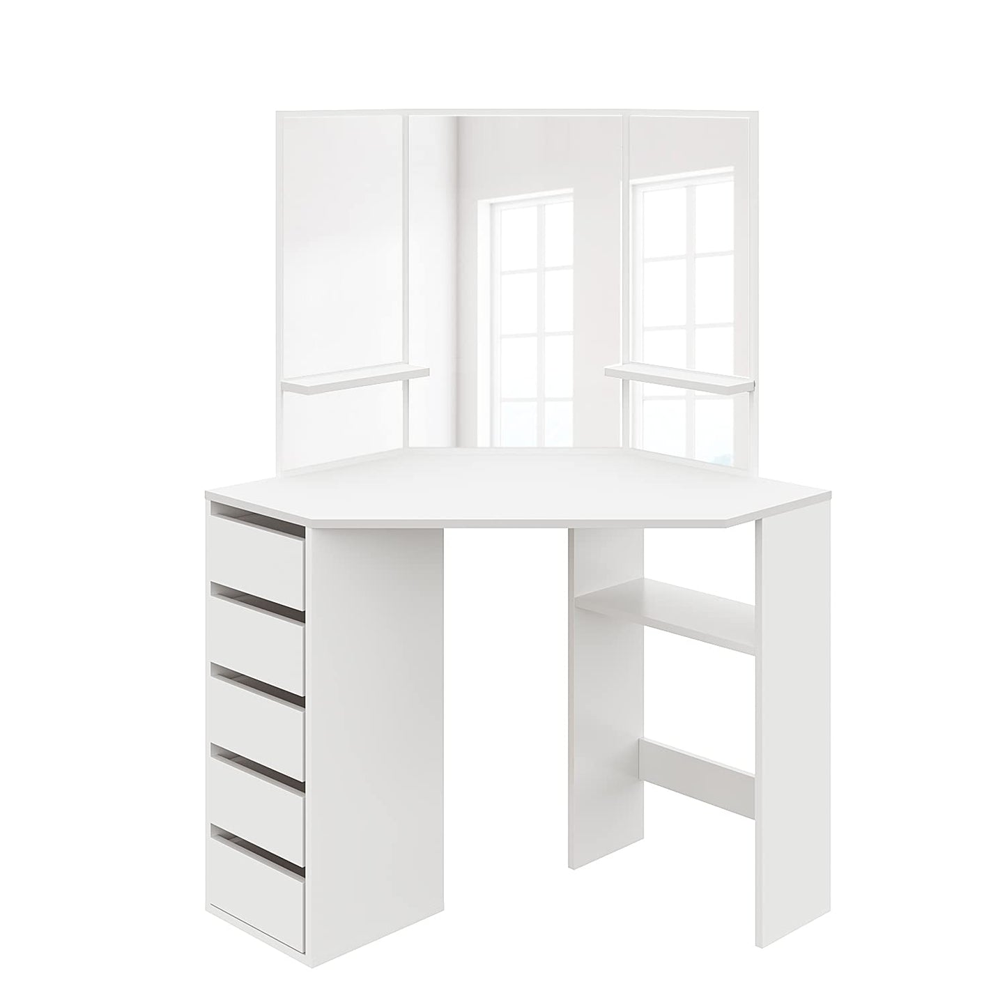 ELEGANT Corner Dressing Table with 3 Angle Mirror and 5 Drawers, White Vanity Makeup Desk with Open Shelves, Large Storage Vanity Table for Girls