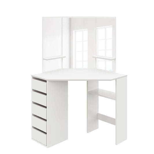 ELEGANT Corner Dressing Table with 3 Angle Mirror and 5 Drawers, White Vanity Makeup Desk with Open Shelves, Large Storage Vanity Table for Girls