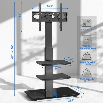RFIVER Freestanding Swivel Floor TV Stand Tall TV Unit for 32 35 40 42 43 49 50 55 58 60 65 70 inch LCD/LED Flat Curved Screen Height Adjustable with 3-Tier Shelves Max VESA 400x400mm up to 50kgs