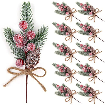 ELECLAND 10 Pcs Christmas Picks Decorations Artificial Pine Branches Stems Spray with Pine Cones Faux Pine Picks Red Berry Holly Leaves for Craft Floral Christmas Wreath Picks Ornaments, Red