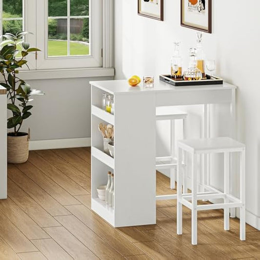 YITAHOME Breakfast Bar Table, Bar Table Set with Bar Stools, 2, Bar Table and Stools Set Dining Bar Tables Footrest and Storage Shelf for Kitchen Dining Room Pub Industrial Steel Frame(White)