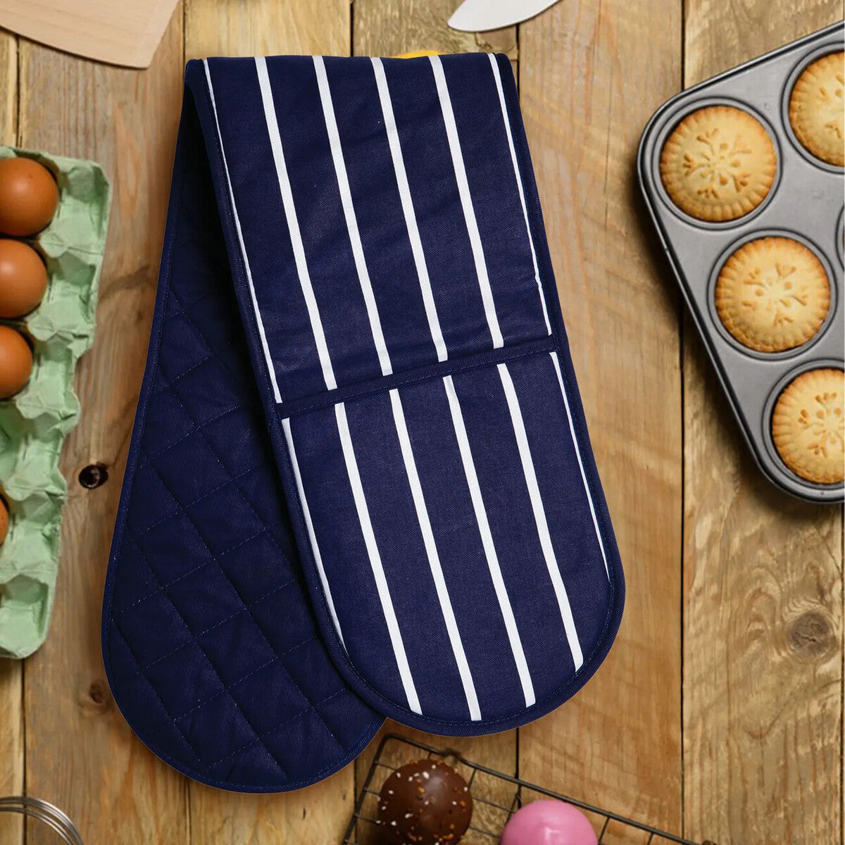 Navy Butcher Stripe Double Oven Glove