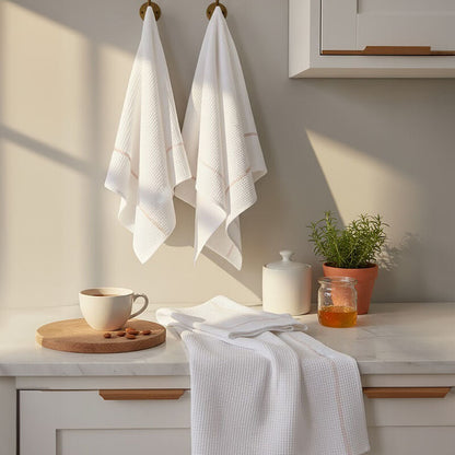 Doro Set Of 3 White and Almond Waffle Tea Towels