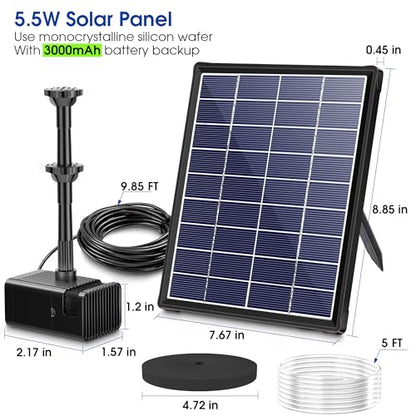 Biling 6W Solar Water Pump with 3000mAh Battery Backup 10 Nozzles Solar Pond Fountains Water Features for the Garden with 5ft Tubing for Bird Bath,