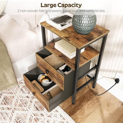 YATINEY Bedside Table with Charging Station, End Table with 2 Drawers and 2 Shelves, Nightstand with Outlet and USB Ports, Industrial Side Table for Living Room, Bedroom, Study, Rustic Brown XET02KBR