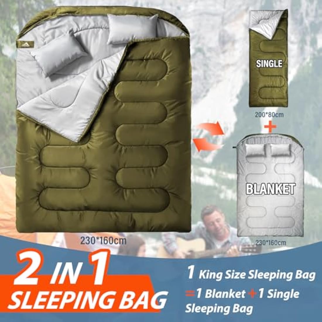 MEREZA Sleeping Bags XL for Mens Double Sleeping bag Adult Wide Sleeping Bag for Camping Big and Tall Sleeping Bags Large 2 Person Sleeping bag King Size Warm Cold Weather