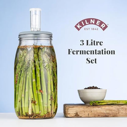 Kilner 3 Litre Fermentation Set Airtight Glass Jar with Silicone Lid, Air Lock, Ceramic Weights & Recipe, Booklet Ideal for Sauerkraut, Kimchi & Pickles