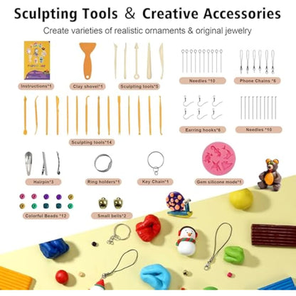 Polymer Clay 60 Colors, Modeling Clay for Kids DIY Starter Kits, Oven Baked Model Clay, Non-Toxic, Non-Sticky,with Sculpting Tools, Gift for Children and Artists.