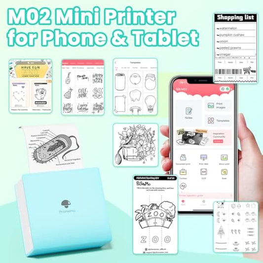 Phomemo Green M02 Mini Printer with 3 Label Rolls, Pocket Printer for iOS and Android Smartphone, Bluetooth Sticker, Printer, Thermal Printer