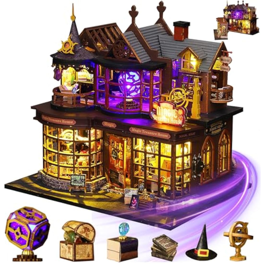 Mostop DIY Miniature Dollhouse Kit, Wooden Dollhouse Kit Miniature House Kit with LED Light,Creative Room Idea for Kids/Adults Magic House DIY Kits (Magic Treasure House)