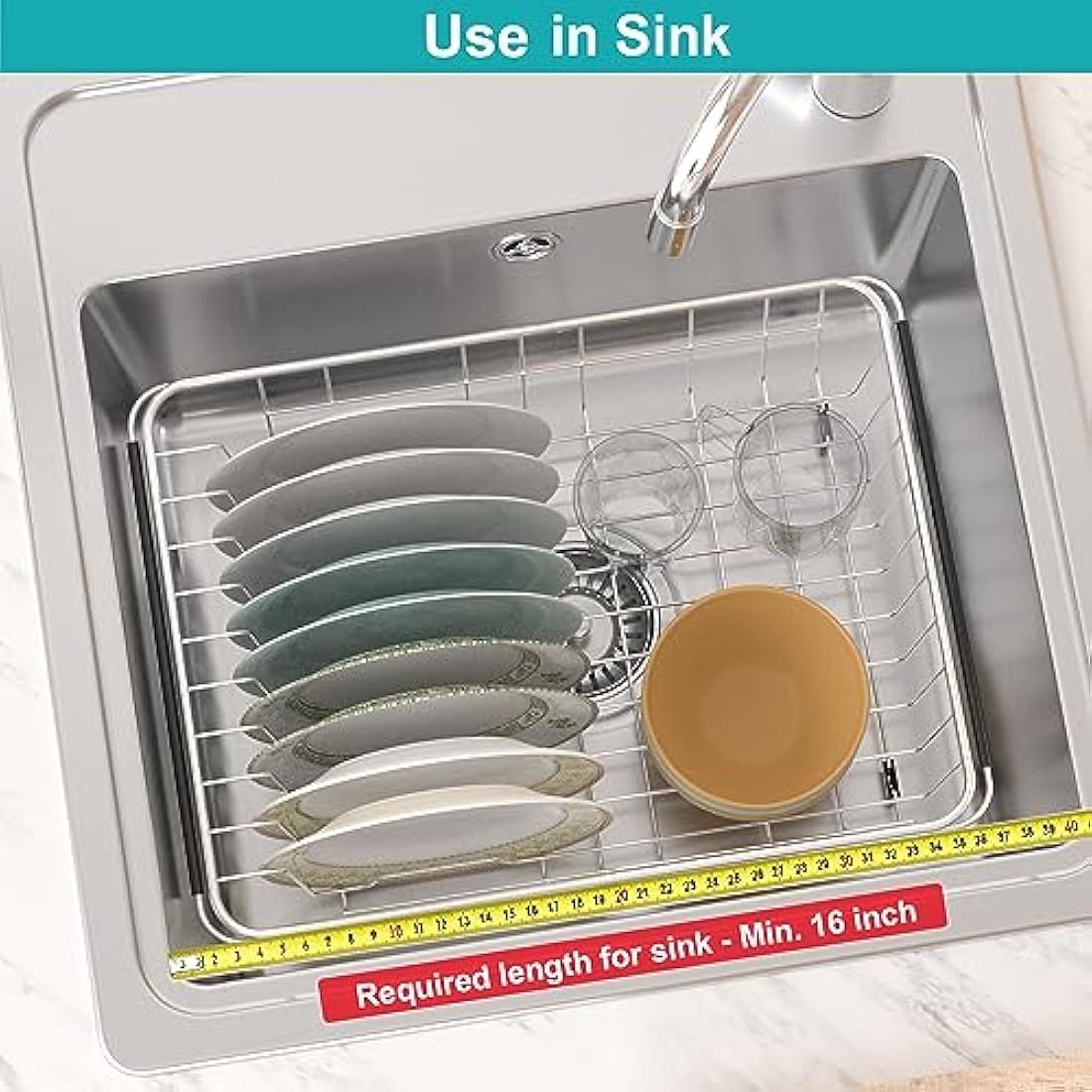 iPEGTOP Expandable Dish Drying Rack and Utensil Cutlery Holder, 304 Stainless Steel Over Sink Dish Rack, Dish Drainer in Sink or On Counter, Rustproof