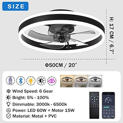 OMGPFR LED Ceiling Fan with Lights, Reversible Remote, 6 Speeds Modern Bedroom Fan Light, Quiet Dimmable Small Ceiling Light for Living Room, Black 50CM