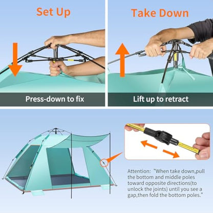 4-5 Person Instant Pop Up Automatic Beach Tent, Extra Large Portable Ventilated Automatic Beach Sun Shelter Tent, UPF 50+ Easy Setup Beach Tent for Picnic,Beach,Garden