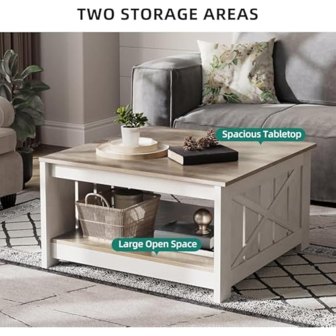 YITAHOME Coffee Table with Storage,Square Wood Modern Rustic Coffee Table for Living Room,Farmhouse Grey Wash Coffee Tables with Half Open Storage Compartment