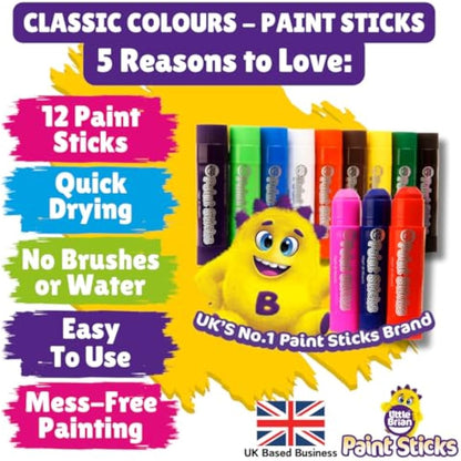 Little Brian Paint Sticks For Kids - 12 Pack Assorted Colours - Mess-Free, Easy Clean Up, Fast Drying Action, Vibrant Colours, Multi-Surface, Twist & Paint