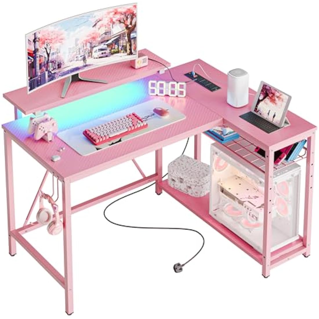 Bestier 106.5CM L-Shaped Desk with Power Outlets & LED Lights, Reversible Corner Desk with Shelves & Hooks for Home Office, Bedroom & Small Spaces