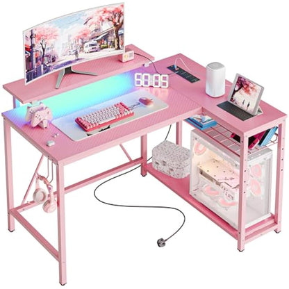 Bestier 106.5CM L-Shaped Desk with Power Outlets & LED Lights, Reversible Corner Desk with Shelves & Hooks for Home Office, Bedroom & Small Spaces