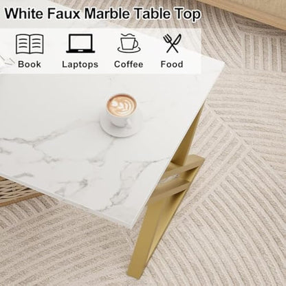 Coffee Table, Living Room Table, Center Tea Tables, Rectangular Tea Tables, End Side Desk with Gold Metal Frame for Living Room Bedroom Office, Modern Open Design, 39.3 x 18.9 x 17.7 IN, White/Gold