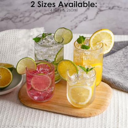 TKNO 6X 410ml Ribbed Highball Glasses Tall Hi Ball Glass Water Gin Juice Cocktail Drinking Glassware Origami Style Fluted Ripple Beverage Tumblers Set, Ideal for Home, Restaurant, Events & Parties