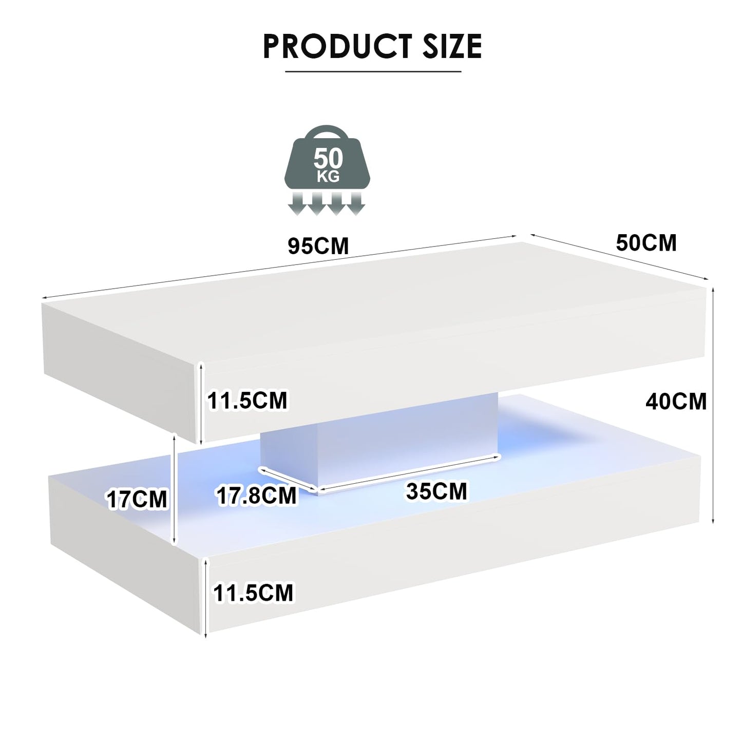 COSVALVE White Coffee Table Living Room Tables with LED Light, 2 Tier Centre Table High Gloss Modern Rectangle Tea Table for Home, Office