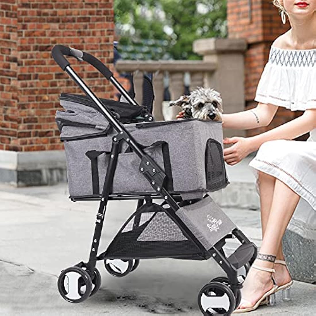 Bingopaw Pet Stroller, Foldable Dog Pram 4 Wheel Kitten Pram for Puppy and Cat with Detachable Blanket and Rain Cover as Gift Loads Up to 20KG