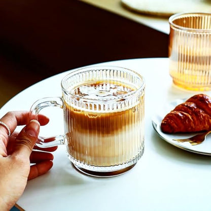 binsakao Glass Coffee Mugs 6 Pack - 340 ml Premium Coffee Cups with Handles - Classic Vertical Stripes Transparent Tea Cup Set for Hot Cold Beverages