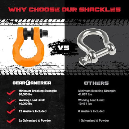 GearAmerica UBER Shackles with Anti Theft Lock (2PK) Orange | 80,000 lbs (40T) Strength | Towing D-Rings + UBERLock Security Pin 7/8" + Washers | Connect Tow Strap or Winch Rope for Off-Road Recovery