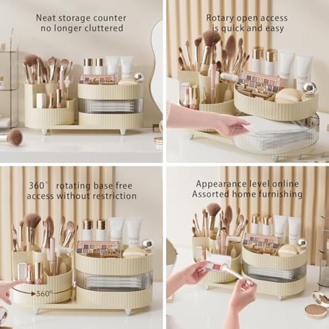 DASITON Makeup Organiser, 360° Rotating Makeup Brush Holder, Large Capacity Cosmetic Display Case Dressing Table Organiser, Makeup and Skincare Storage Organiser for Vanity, Bathroom, Desk (Cream 02)