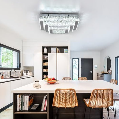 Finktonglan Square Crystal LED Ceiling Light Fixtures, 15” Modern Chandelier Ceiling Lights 3-Tiers Flush Mount Ceiling Lamp Fixture for Living Room Dining Room(6500K Cool White)