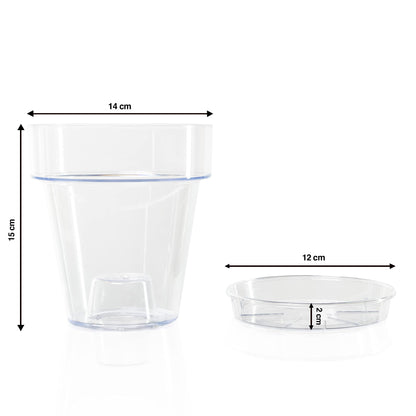 Kalapanta Clear Plastic Orchid Pot with Drainage Holes and Saucer (5, 14 cm Diameter)