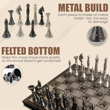 Guruji Divinity Collectible Tribal Warli Art Brass Chess Set in Leather Storage Box. (12 X 12 in)