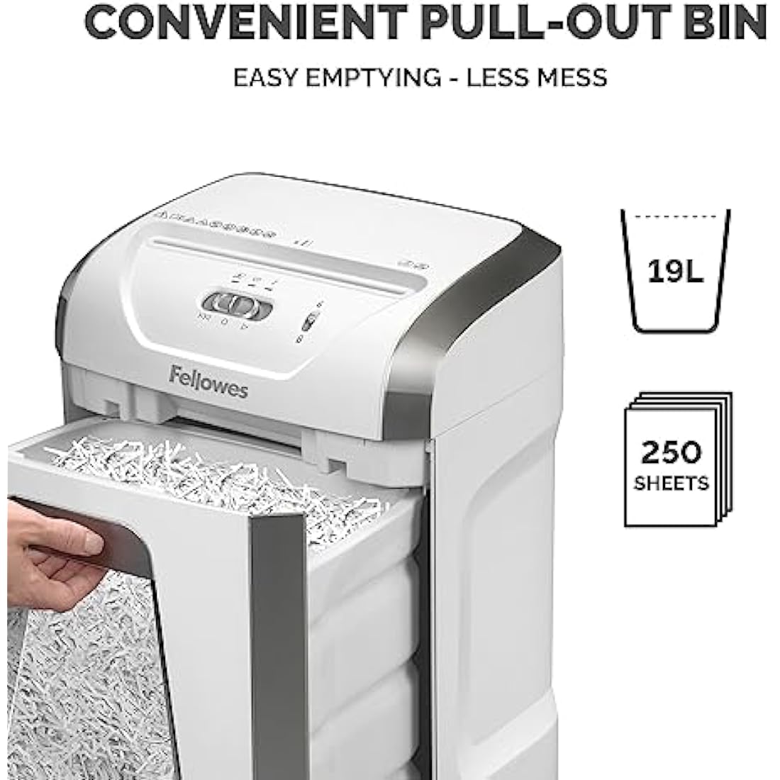 Fellowes Paper Shredder for Home Office Use - 15 Sheet Cross Cut Paper Shredder for Deskside Use - Powershred 15C Home Shredder with 19L Pull-Out Bin - High Security P4 - White