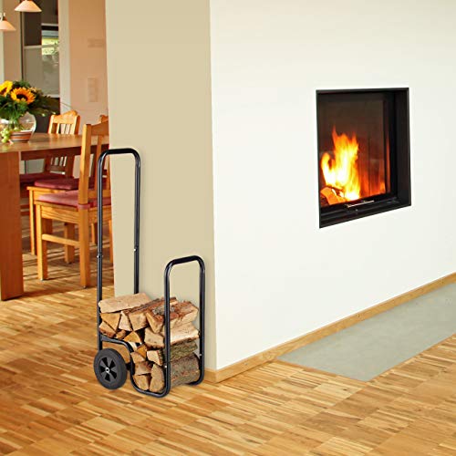 Relaxdays Log Cart, Steel Firewood Trolley, With 2 Wheels, Fireplace Wood Transport & Storage, Up To 60 kg, Black