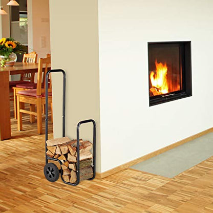 Relaxdays Log Cart, Steel Firewood Trolley, With 2 Wheels, Fireplace Wood Transport & Storage, Up To 60 kg, Black
