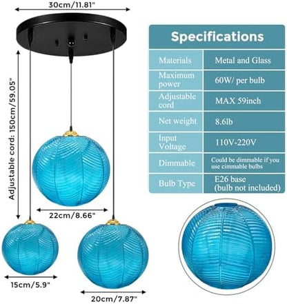 GCQ 3 in 1 Large Glass Pendant Light Fixtures, Blue E26 E27 GlassChandelier Mid Century Modern Chandelier Ribbed Blown Glass Globe Shade Hanging Light Ceiling for Living Room Restaurant Bar