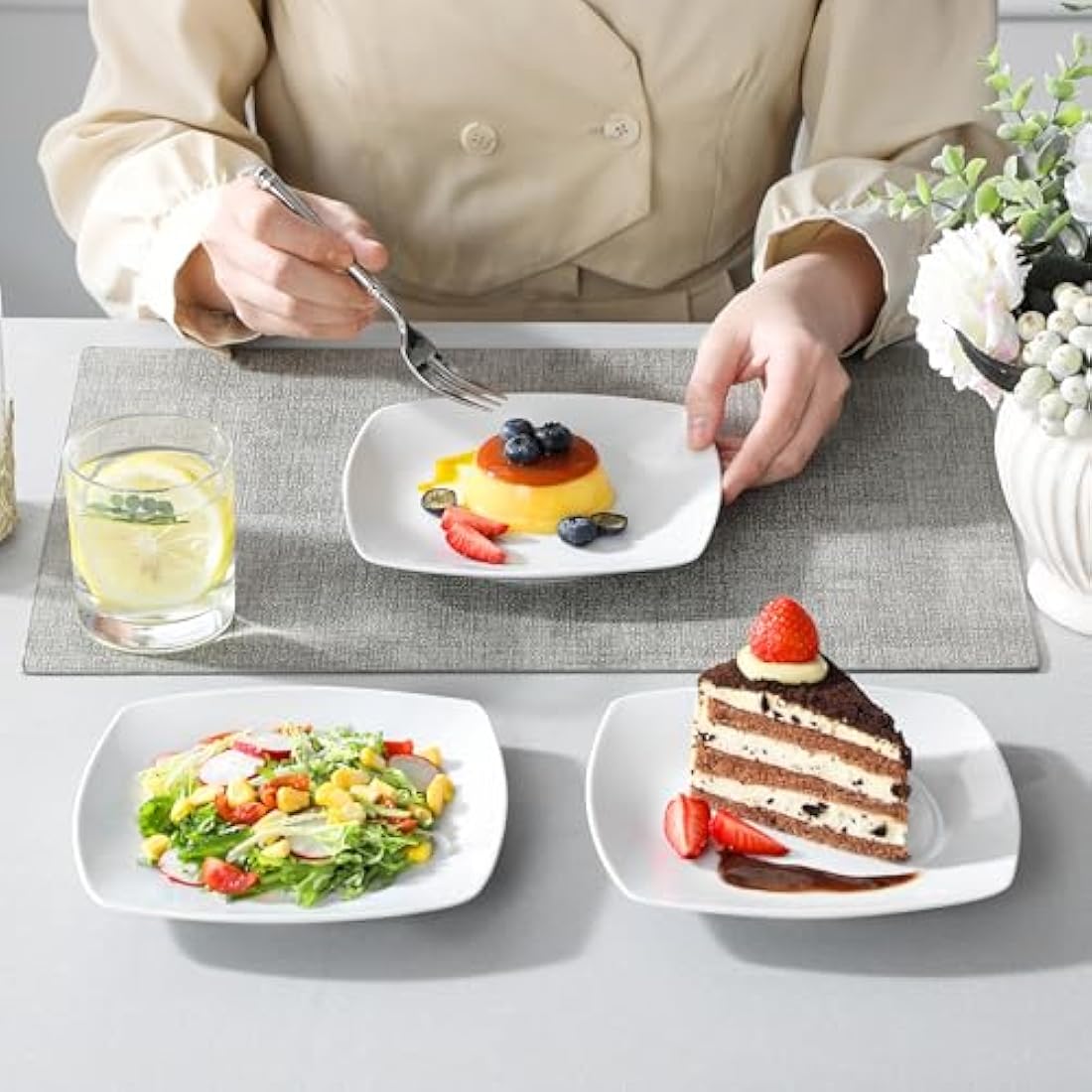 MALACASA Side Plates, 6.5" Ivory White Porcelain Square Dessert Plates Set of 6, Dishwasher & Microwave Safe Snack Plate, Series Julia