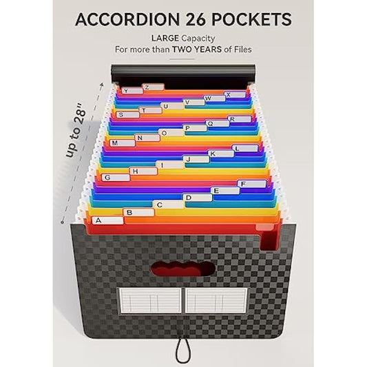ABC life 26 Pockets Accordion File Organiser Expanding File Folders, Portable A4 Document Filing Box, Plastic Monthly Receipt Paperwork Organiser, Expandable Accordian Folder with Colored A-Z Tabs