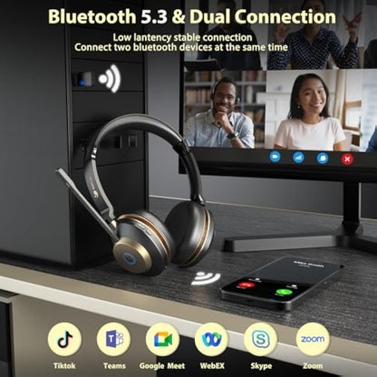 Wireless Headset, Bluetooth Headset With Microphone Noise Canceling & USB Dongle, On Ear Headphones with Charging Dock & 50hrs Working Time for Computer/Mobile Phones/Ms Teams/Skype/Zoom/Office