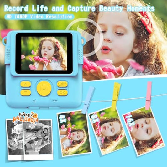 Kids Camera for Girls Boys, Instant Camera for Kids with Print Paper, 1080P HD Digital Camera Toy, Video Recorder, 32GB SD Card, 6 Color Pens, Birthday for 3 4 5 6 7 8 9 10+ Year Old