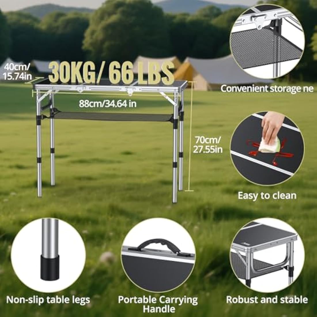 Anbte Folding Camping Table, Aluminum 88 cm x 40 cm Portable Table Picnic Table with Storage Net Adjustable Waterproof Lightweight Foldable Stored for Outdoor Indoor Picnic Beach Backyard(3 heights)