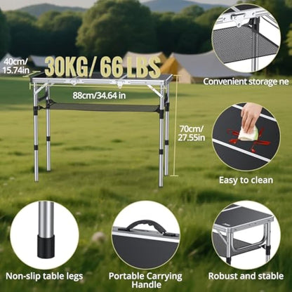 Anbte Folding Camping Table, Aluminum 88 cm x 40 cm Portable Table Picnic Table with Storage Net Adjustable Waterproof Lightweight Foldable Stored for Outdoor Indoor Picnic Beach Backyard(3 heights)