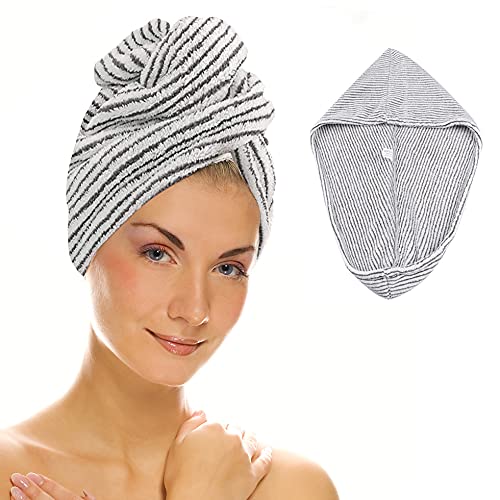HuaJiao Microfibre Hair Towel Wrap, Hair Turban Drying Towel, Button Stripe