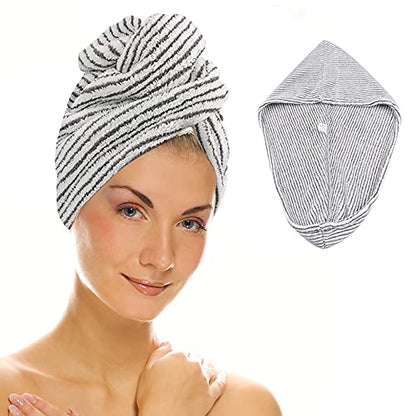 HuaJiao Microfibre Hair Towel Wrap, Hair Turban Drying Towel, Button Stripe
